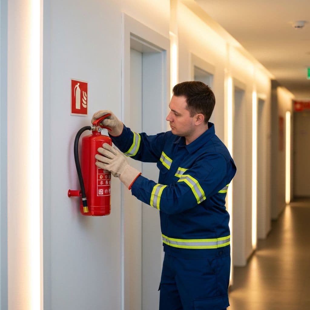 Fire extinguisher inspection technician at work